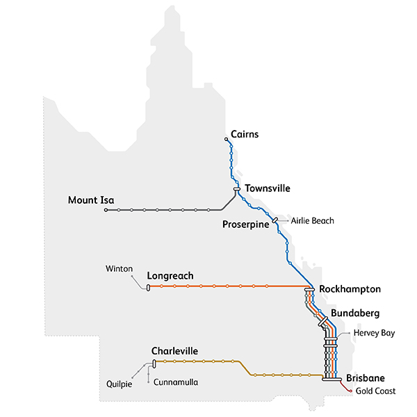 Map of network showing all services available on the Edusaver fare across the Queensland Rail Travel network . Details available in page text